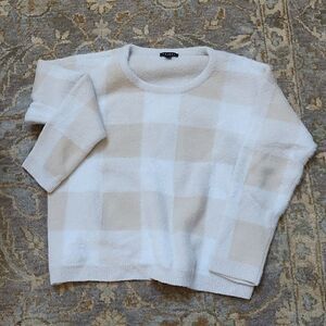 Tribal Buffalo Check Fuzzy Sweater Cream & Beige Pullover Size L
